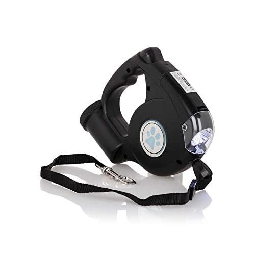 Guinzaglio per cani con luce LED, dispenser di sacchetti, 5 m, guinzaglio per cani fino a 25 kg, colore: nero