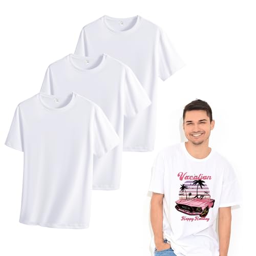 3 PCS Unisex Sublimation Blank T-Shirt for Adult White Polyester Shirts Crew Neck Short Sleeve for Men/Women