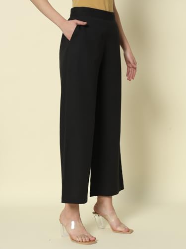 Image of FIORRA Womens Loose Mid Rise Cotton Solid Palazzo
