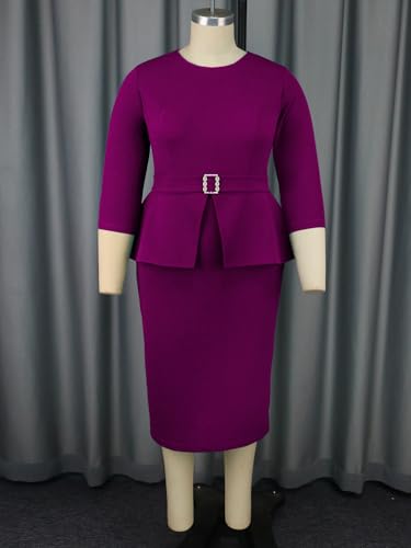 Image of ONTINVA Plus Size Dress for Curvy Women Midi Church Wear to Work Bodycon Vintage Peplum 3 /4 Sleeve Sheath Pencil Dress