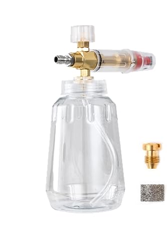 YUET雪泡砲は1/4高速接続高圧洗浄機用と互換性があり、1 L調節、ノズル付き フォームキャノン 1.0L 洗車用 フォームガン 1/4クイックコネクター付き 圧力洗浄ガン用 フォームランス 高発泡 ダイヤル付き 泡量可能な泡銃石鹸液分配器 スノーフォーム (透明)