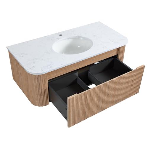 Image of 42 Inch Wall Mounted Bathroom Vanity with Ceramic Sink, Pre-Assembled Floating Vanity Cabinet with Cararra Artificial Countertop, Wave Texture Finish & Drawer, Wood
