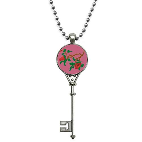 Cultura de Flor pintura rojo verde Colgante Collar Vintage Llavero Plata Joyas