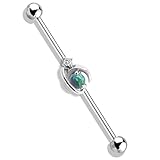 TRBR 16G Moon Industrial Piercing Jewelry Surgical Steel, Synthetic Green Opal and CZ Industrial Bar Piercing, Vertical Industrial Jewelry for Women Men