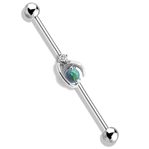 TRBR 16G Moon Industrial Piercing Jewelry Surgical Steel, Synthetic Green Opal and CZ Industrial Bar Piercing, Vertical Industrial Jewelry for Women Men