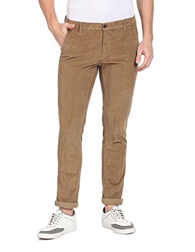Image of Men Brown Mid Rise Corduroy Solid Casual Trousers