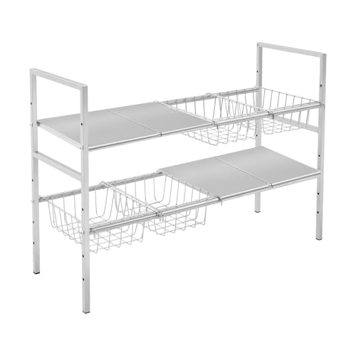 Organizador para debajo del lavabo, estante expandible de 2 niveles, altura ajustable, acero inoxidable, para baño y cocina miniatura 6