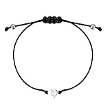 kelistom 14K White Gold Plated Initial Heart String Bracelets for Women Men Teen Girls Boys Handmade Red Black Wax Rope Stainless Steel Heart Charm Bracelet Matching Couples Bracelets