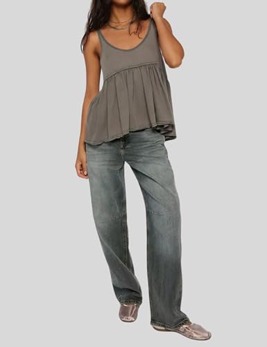 InterNos Women's Summer Flowy Tank Tops Sleeveless Strap Ruffle Shirts Babydoll Tunic Tank Peplum Tops3