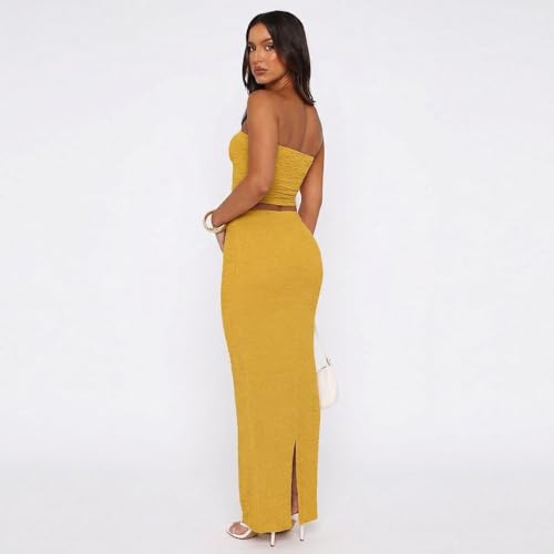 Image of Two Piece Dress Outfits for Women Sleeveless Tube Tops Bodycon Maxi Dress Summer Strapless Crop Top Sexy Suits Set