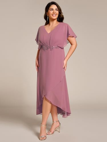 Image of Ever-Pretty Plus Women's V Neck Applique Plus Size Wedding Guest Dress Short Sleeves Maxi Formal Dresses