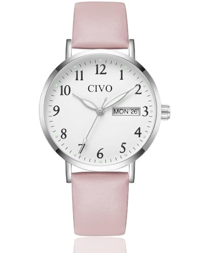 CIVO Reloj Mujer Cuero Rosa: Elegante Reloj de Pulsera Analógicos Día y Fecha Impermeable   Relojes Señora Casual de Vestir Agujas Numeros   Moda Regalo para Mujer