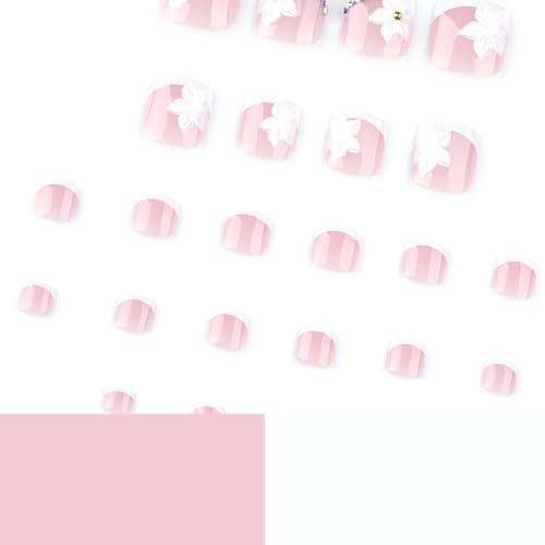 Image of White Press on Toenails French Tip Fake Toe Nails Flower Glue on Toenails with Rhinestone Design Glossy Full Cover False Toes Short Square Stick on Toes for Women Manicure 24Pcs