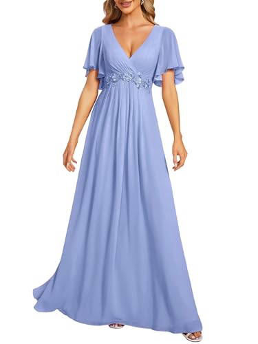 Image of Ever-Pretty Womens V Neck Applique Mother of the Bride Dresses Formal Dress | Chiffon, Short Sleeves, Ruched, A-Line, Bridesmaid Dresses, Formal Gown, Black Tie Dress