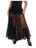 Verdusa Women's Plus Size Lace Mesh Sheer Maxi Skirt Flowy Flared High Waisted Tulle Skirts Black XX-Large Plus