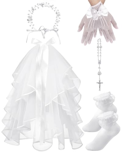 Girls First Communion Veils Set White Floral Wreath Veil Headpiece Pearl Bracelet Sock for 1st Communion Wedding