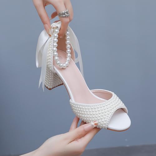 3 Inches Women Open Toe Sandals Square High Heels Banquet White Pearl Ribbon Dress Wedding Shoes4