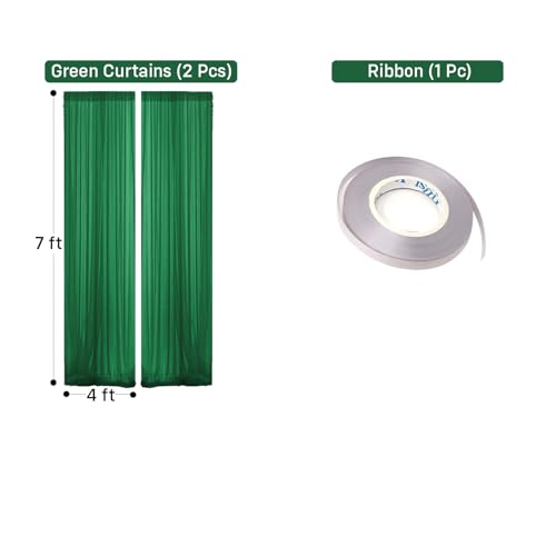 Image of Party Propz Green Backdrop Decoration Set - 3Pcs Green Backdrop Cloth for Decoration 2pc & Ribbon 1pc, Mehendi Decorations Items for Home, Net Curtain Decor, Mehandi Backdrop Decorations(Satin Mix)