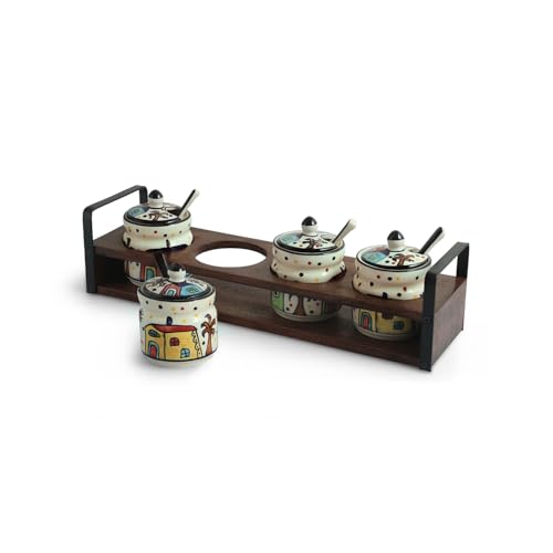 Image of ExclusiveLane 'The Hut' Ceramic Pickle Jars for Dining Table With Spoon & Wooden Holder (Set Of 4, Non-Airtight, 280 ml) |Pickle Jar With Spoon Achar Jar Set Achar Container Set for Dining Table|