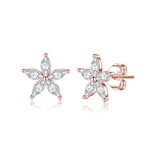 SLUYNZ Solid 925 Sterling Silver CZ Flower Earrings Stud for Women Teens Flower Stud Earrings Post