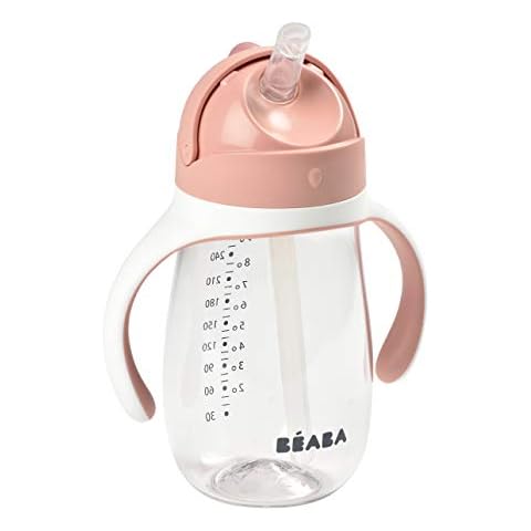 Beaba Straw Sippy Cup, Sippy Cup with Removable Handles, Sippy Cup with Straw, Baby Straw Cup, Toddler Cup, Toddler Straw Cups, 8+ months, 10 oz, Rose Cover