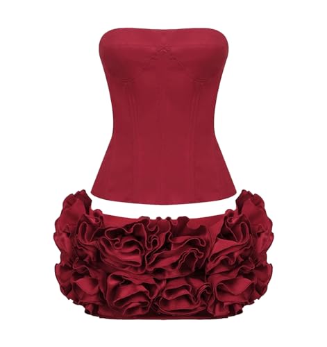 Conjunto de club de dos piezas para mujer, camiseta sin tirantes + falda de cintura baja, rosso, XL