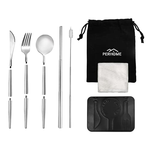 PERHOME Portable & Reusable Stainless Steel Travel Cutlery Set With Case For Camping, Picnic, Office and On-The-Go,Pocket Sized Flatware Set with Clean Cloth and Bag (Silver)