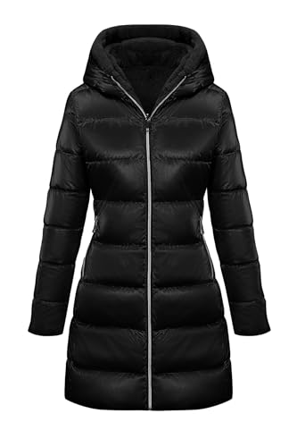 Giolshon Chaquetas reversibles de pelo sintético y brillantes para mujer Abrigo acolchado con capucha resistente al agua Longitud media B06 Negro M