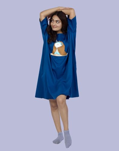 Image of LAMA STORE Women's Printed Oversized T-Shirt Dress, Cotton, 3 /4 Sleeve Length, Casual Loose Fit, Comfort Wear Extra Comfy Oversized Printed Pocket T-Shirt Dress