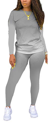 Damen Zweiteilige Outfits T-Shirts Bodycon Sportanzug Outfit Trainingsanzug Jumpsuits Sportswear Set, 09735_10grau, XX-Large Cover
