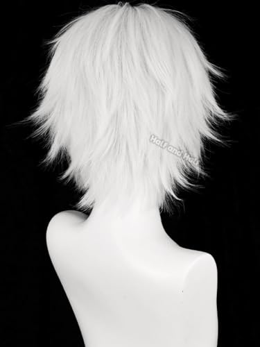 Image of Half and Half Short White Anime Cosplay Wig for Men Silver White Male Wigs with Bangs Synthetic Hair Wigs for Unisex Women Halloween Party Costumes