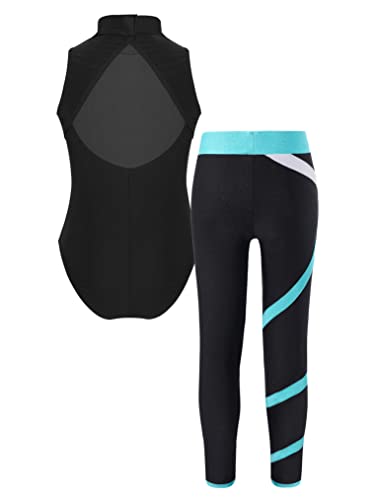 YEAHDOR Kids Girls Sleeveless Dance Sports Outfit Cutout Back Ballet Leotard with Legging Set Ice Skating Tracksuit2