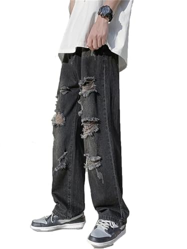 Mens Summer Ripped Jeans Casual Wide Leg Streetwear Loose Hip Hop Straight Hole Denim Pants