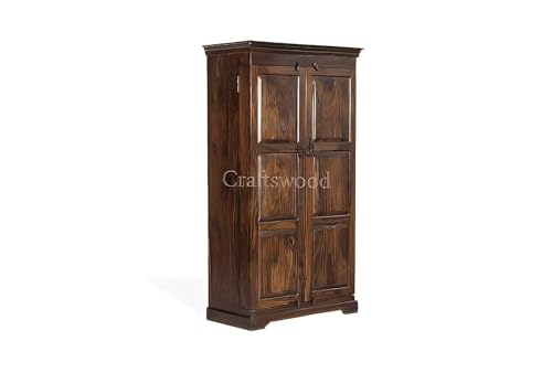 Image of Credenza Solid Sheesham Wood Bar Cabinet - Bottle Rack & Storage Drawers, Wooden Drinks & Glasses Holder, Handcrafted Home Bar Furniture - Brown Finish, No Assembly Required