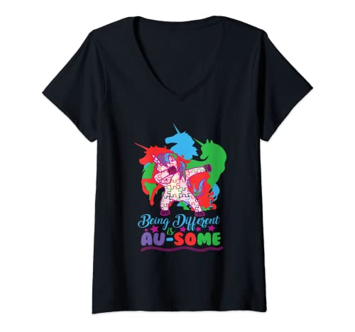 Mujer Being Different Is Au-some - Regalo para autismo de unicornio Camiseta Cuello V