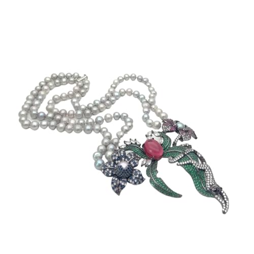 MOICEYHF 21インチ~22インチ 2ストランド グレー ラウンド 淡水パールネックレス キュービックジルコニア パヴェフラワー モンキー ペンダント 女性用