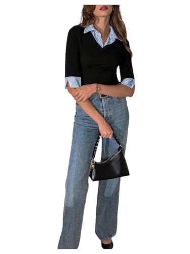 Floerns Women's Striped Patchwork T Shirt Collared Half Sleeve Old Money Clothes Black Multi Large