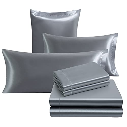 Image of Ersmak 7 Pieces Satin Sheets Set Queen Size, Luxury Silky Grey Satin Bed Sheets Set with 1 Deep Pocket Fitted Sheet, 1 Soft Flat Sheet, 4 Queen Pillowcases and 1 Body Pillowcase
