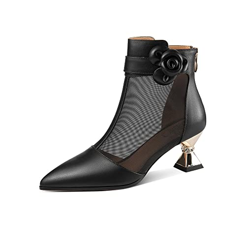 TinaCus Women's Pointed Toe Genuine Leather & Mesh Handmade Flower Décor Mid Heels Back Zipper Stylish Ankle Boots