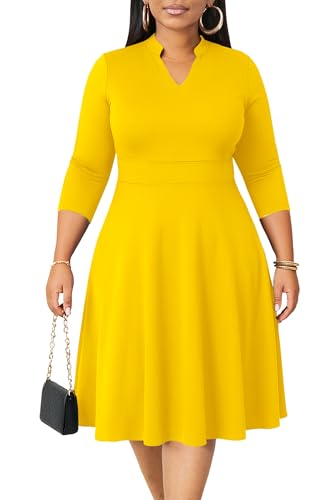 CLOCOR Plus Size Dress for Women Semi Formal Church 3/4 Sleeve Fit and Flare Casual Dresses V Neck with Pockets