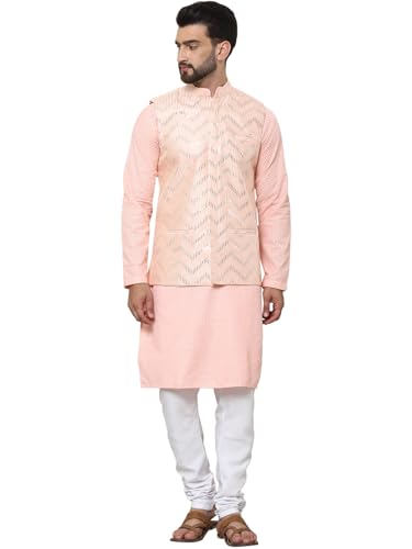 Image of SOJANYA (Since 1958 Men's Cotton Linen Maroon Kurta and White Pyjama with Mustard Cotton Nehru Jacket