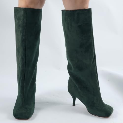 Image of DOBOYG Knee High Suede Boots for Women Wide Calf Square Toe Tall Boots | Stiletto High Heels Pull On Fashion Long Booties