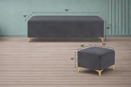 Image of Adorn India Premium Luster 8 Seater L Shape Sofa Set with 2 Puffy & 1 Center Table | Velvet Suede Fabric | 3-Year Warranty | LHS | Dark Grey with Golden Legs & Striped Pattern Cushion