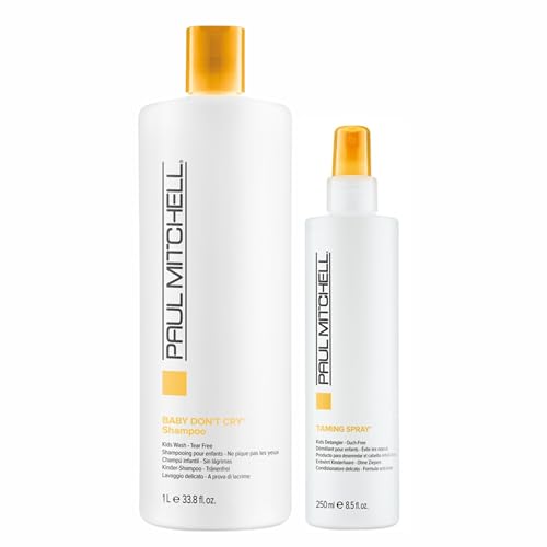 Image of Paul Mitchell Baby Don't Cry Tearless Shampoo, Cleanses + Softens Hair 33.8 fl. oz Taming Spray, Gently Detangles + Reduces Static, 8.5 fl. oz., For Children of All Ages, Set