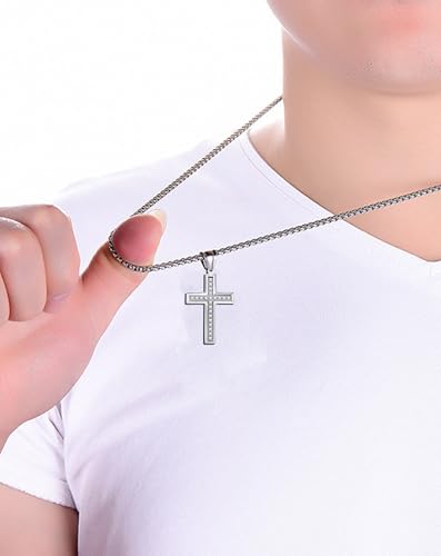 Cross Necklace for Men Stainless Steel Crucifix Pendant Silver White Gold Yellow Black Jesus Christ Plain Simple Women Fine Jewelry Gifts, 24 Inches Rolo Chain, Zirconia, Polished, Rope3