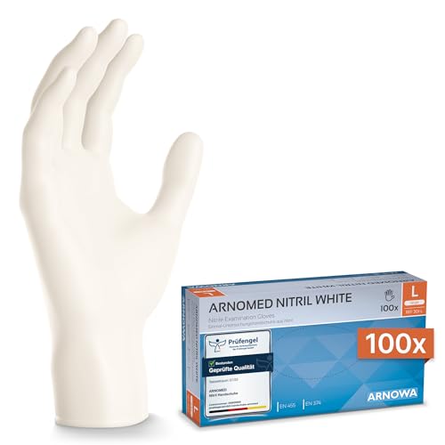 ARNOMED Nitril Einmalhandschuhe 100 Stück/Box, L, weiß, latexfreie Einweghandschuhe, puderfreie Nitrilhandschuhe, in Gr. S, M, L & XL verfügbar