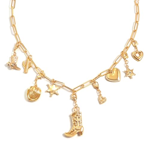 Charm Necklace for Women Chunky Gold Plated Paperclip Chain Amulet Evil Eye Jewelry Safety Pin Necklace Coastal Cowgirl Cowboy Necklace Third Eye Protection Jewelry for Women