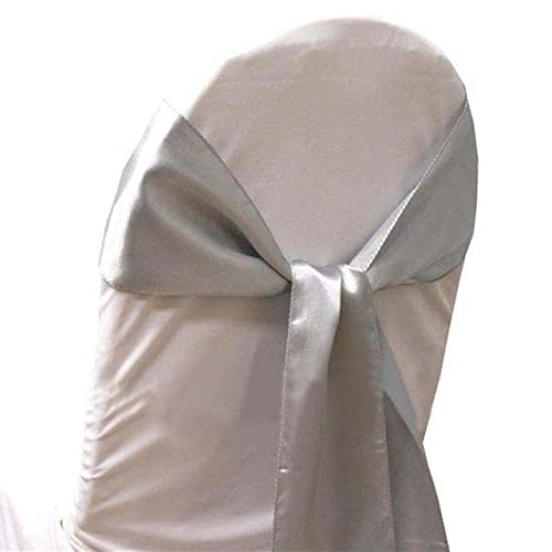 10 Stück/50 Stück/100 Stück Satin-Stuhlschleifen-Schärpen für Zuhause, Party, Veranstaltung, Hochzeit, Dekoration, Stuhlband, Knotenbänder, Silbergrau, 100 Stück
