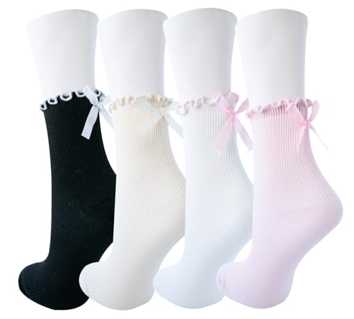 Image of Womens Bow Socks Ruffle Casual Crew Black Whitte Soft Breathable Cotton 4 Pairs Socks