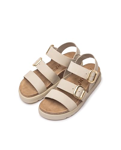 Yokono Sandalias Planas de Mujer de Piel TUNEZ-127 Beige | Zapatos Mujer Primavera-Verano | Piel Vacuna Serraje | 2 CM